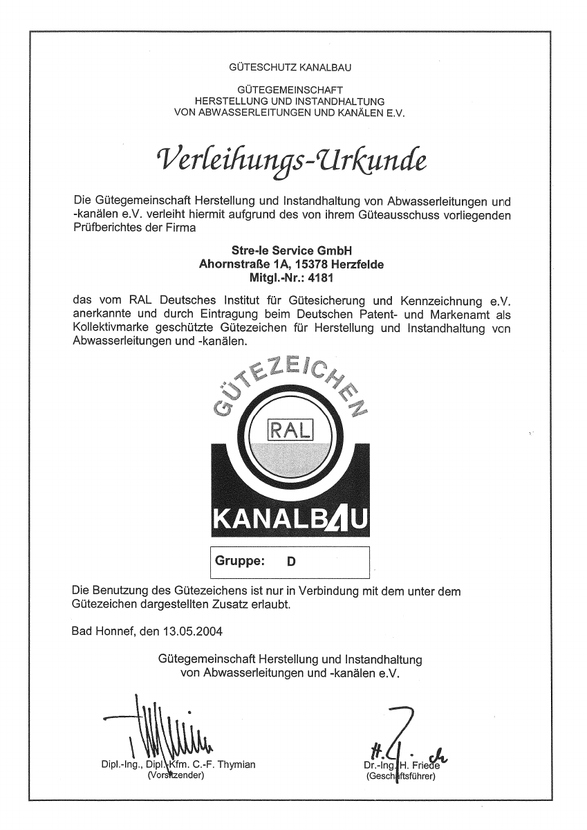 Vorschau: RAL-Gütezeichen Kanalbau, Stre-le Service GmbH · Gruppe D