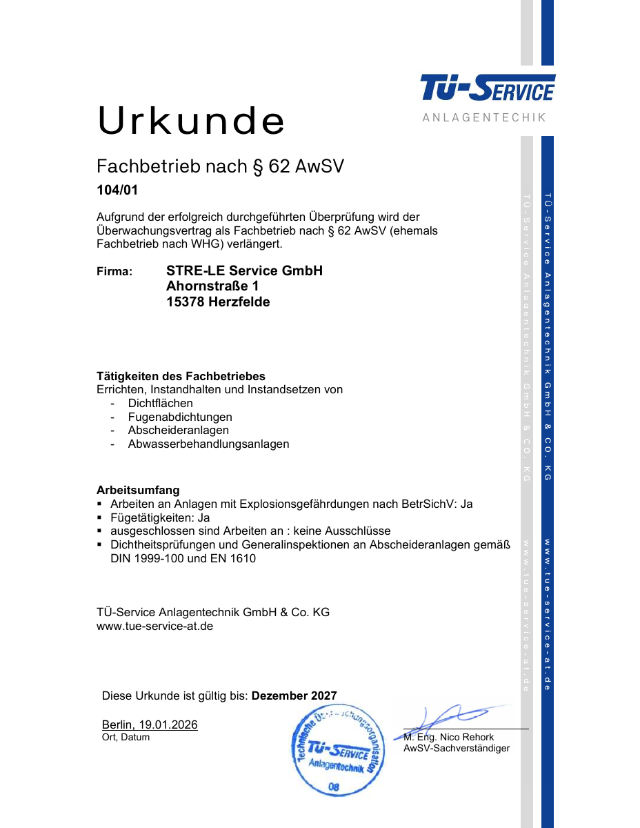 Vorschau: Fachbetrieb nach § 62 AwSV, STRE-LE Service GmbH